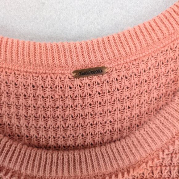 Free People Open Shoulder Waffle Knit Sweater Women's L Apricot Cotton Fringe - Picture 3 of 10